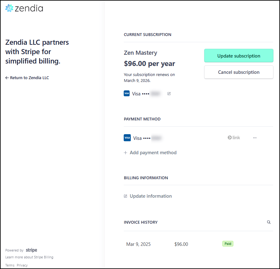 Zendia Subscription Billing Portal